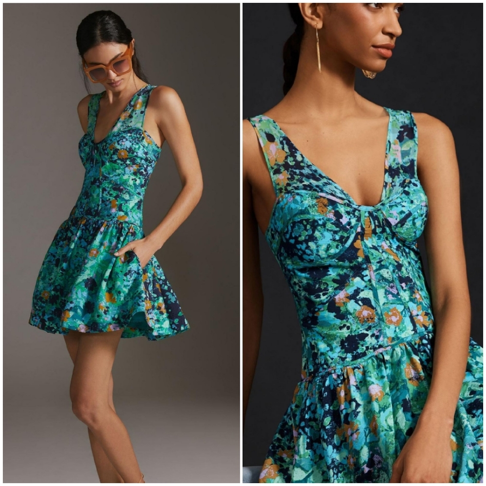NWT Anthropologie Corset Bustier Mini Dress Watercolor Size 6 Petite